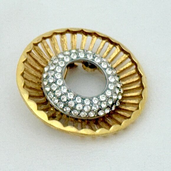 Vintage MCM Gold Tone Brooch Concave Geometric w/Pave Set Rhinestones - Picture 2 of 5